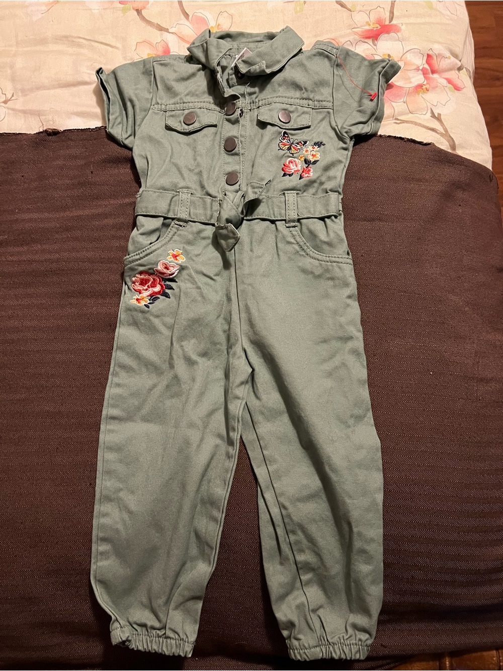 Little Lass Sage Green With Embroidered Floral Jumpsuit Size 2T
